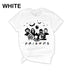 Whi̇te-colored Funny Halloween T-Shirt. Features a 'Horror Movie Friends' print design that humorously brings together popular horror movie characters.
